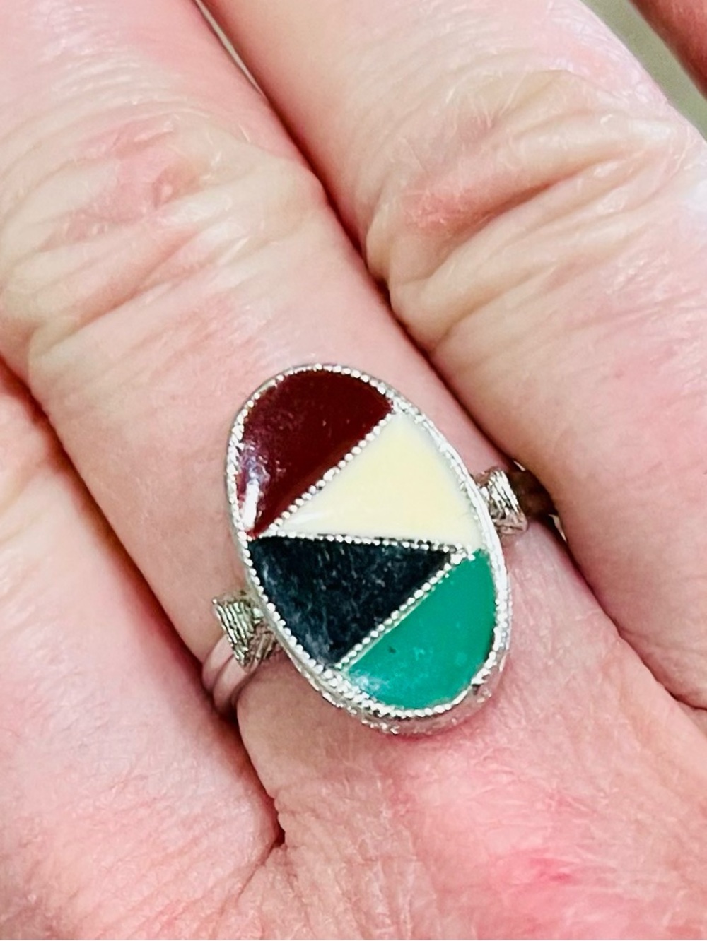Vintage Emmons Adjustable Ring Red Black Green Ivory Enamel Silver Tone